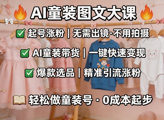 AI童装图文剪辑，某社群童装图文大课，起号涨粉、AI童装带货、爆款选品，无需出镜和拍摄-八方网创