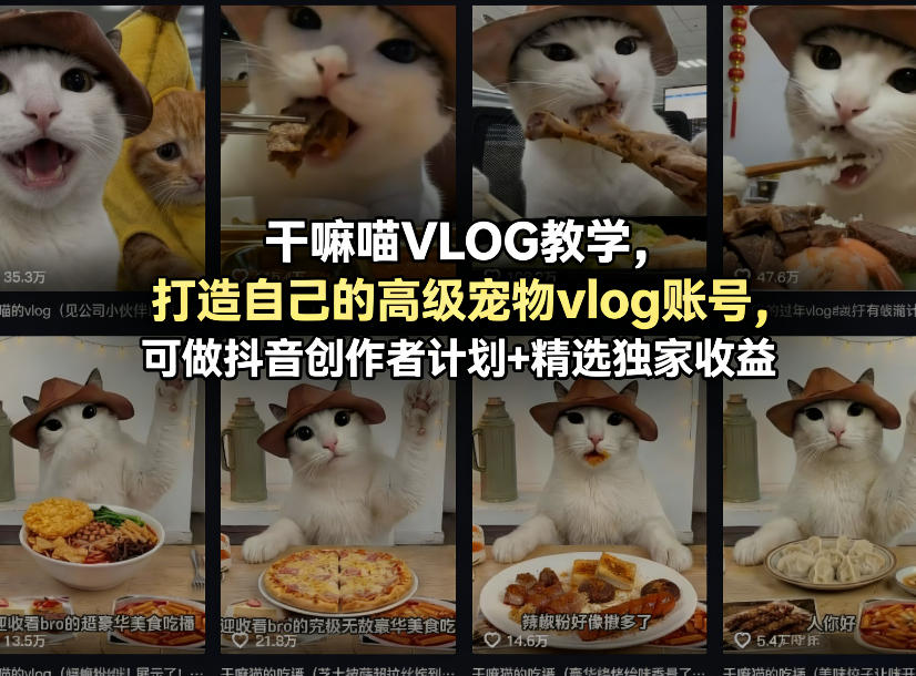 干嘛喵VLOG教学,打造自己的高级宠物vlog账号,可做抖音创作者计划+精选独家收益-八方网创