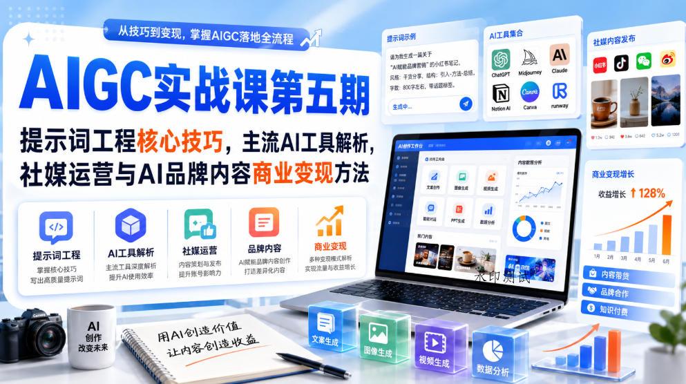 刺猬星球·AIGC实战课第五期，提示词工程核心技巧，主流AI工具解析，社媒运营与AI品牌内容商业变现方法-八方网创
