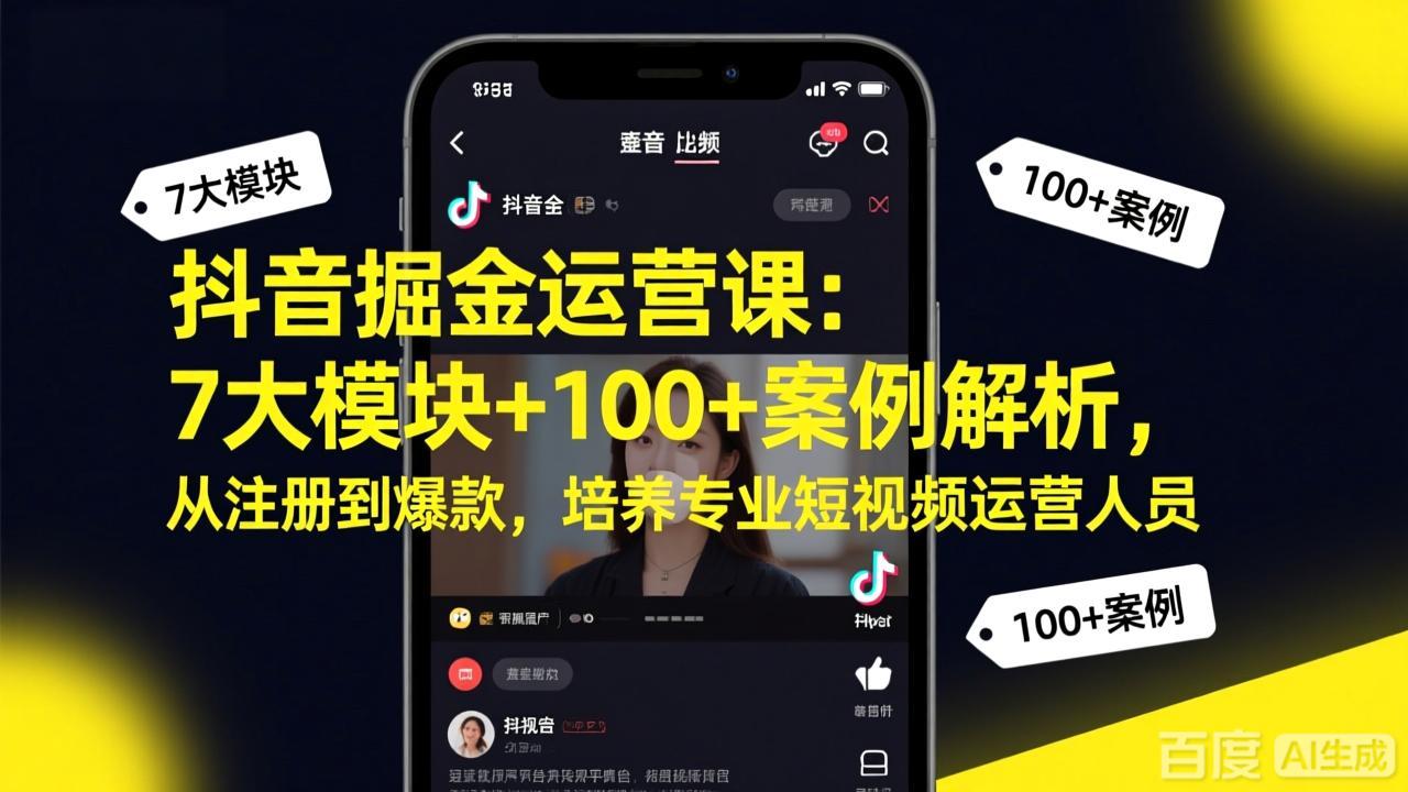 抖音掘金运营课：7大模块+100+案例解析，从注册到爆款，培养专业短视频运营人员-八方网创
