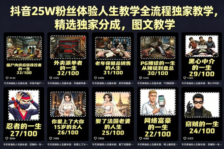 抖音25W粉丝体验人生教学全流程独家教学，精选独家分成，图文教学-八方网创