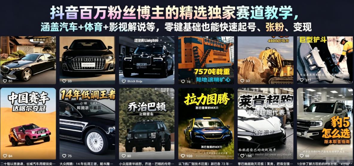 抖音百万粉丝博主的精选独家赛道教学，涵盖汽车+体育+影视解说等，零基础也能快速起号、涨粉、变现-八方网创