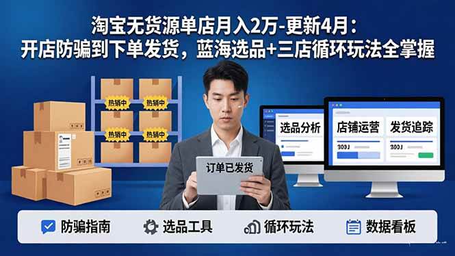 （17988期）淘宝无货源单店月入2万-更新4月：开店防骗到下单发货，蓝海选品+三店循环玩法全掌握-八方网创