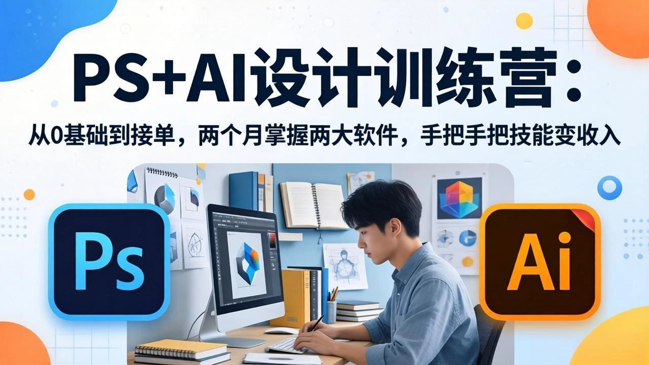 【精】PS+AI设计训练营：从0基础到接单，两个月掌握两大软件，手把手把技能变收入-八方网创