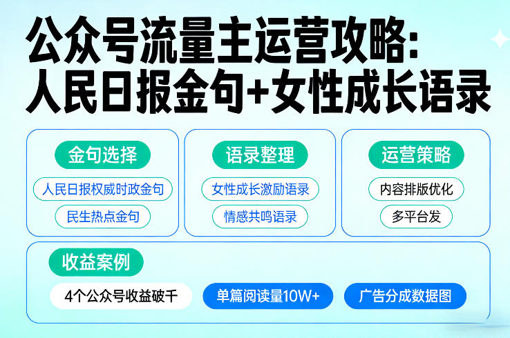 利用人民日报金句+女性成长语录做公众号流量主，4个公众号收益破千-八方网创