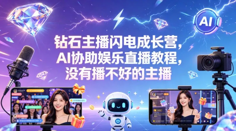 【精】钻石主播闪电成长营,Al协助娱乐直播教程,没有播不好的主播-八方网创
