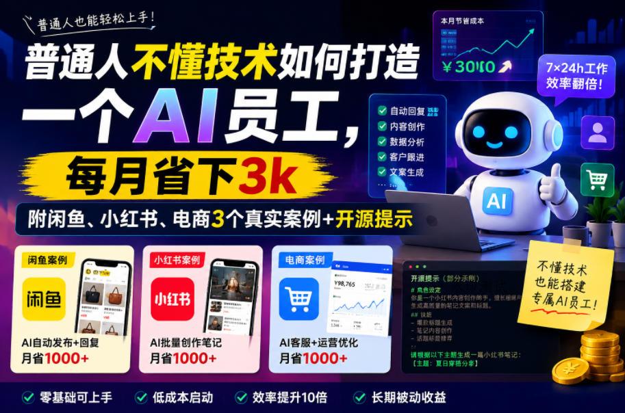 普通人不懂技术如何打造一个AI员工，每月省下3k，附闲鱼、小红书、电商3个真实案例+开源提示【文档】-八方网创