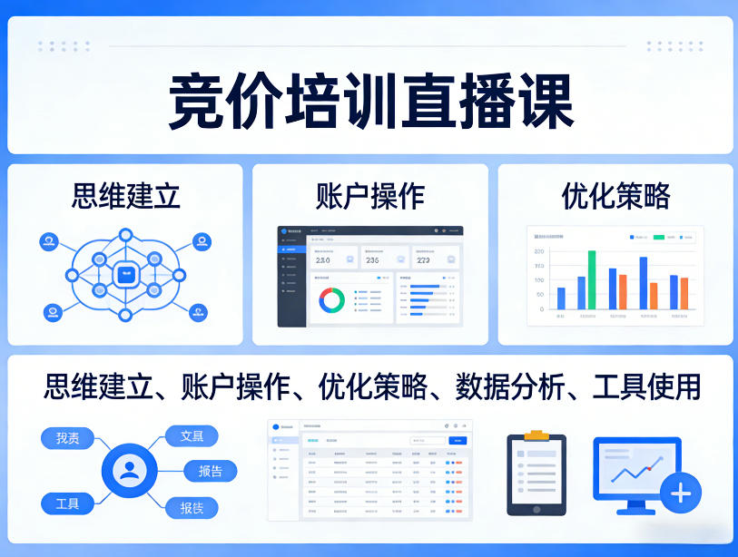 竞价培训直播课，覆盖思维建立、账户操作、优化策略、数据分析、工具使用等，全方位提升效果-八方网创