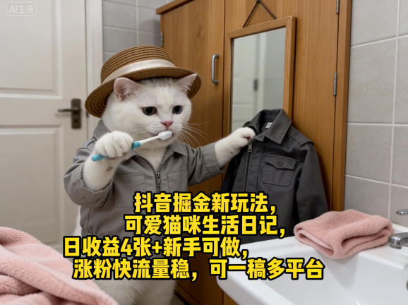 抖音掘金新玩法，可爱猫咪生活日记，日收益4张+新手可做，涨粉快流量稳，可一稿多平台-八方网创
