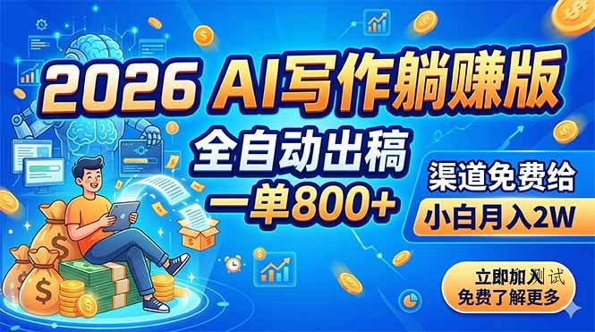 （18885期）2026 AI写作躺赚版：全自动出稿，一单800+，渠道免费给，小白月入2W-八方网创