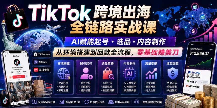 TikTok跨境出海全链路实战课，AI赋能起号・选品・内容制作，从环境搭建到回款全流程，零基础賺美刀-八方网创