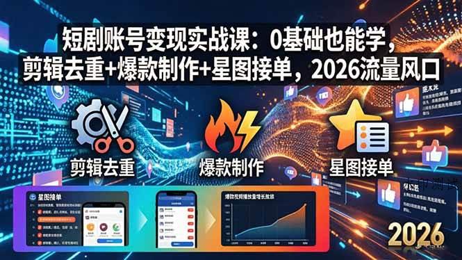 （18160期）短剧账号变现实战课：0基础也能学，剪辑去重+爆款制作+星图接单，2026流量风口-八方网创