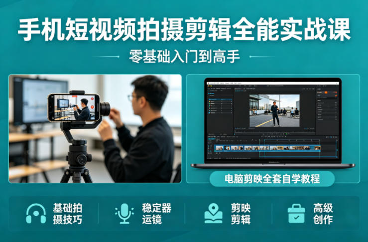 手机短视频拍摄剪辑全能实战课：零基础入门到高手，稳定器运镜+电脑剪映全套自学教程-八方网创