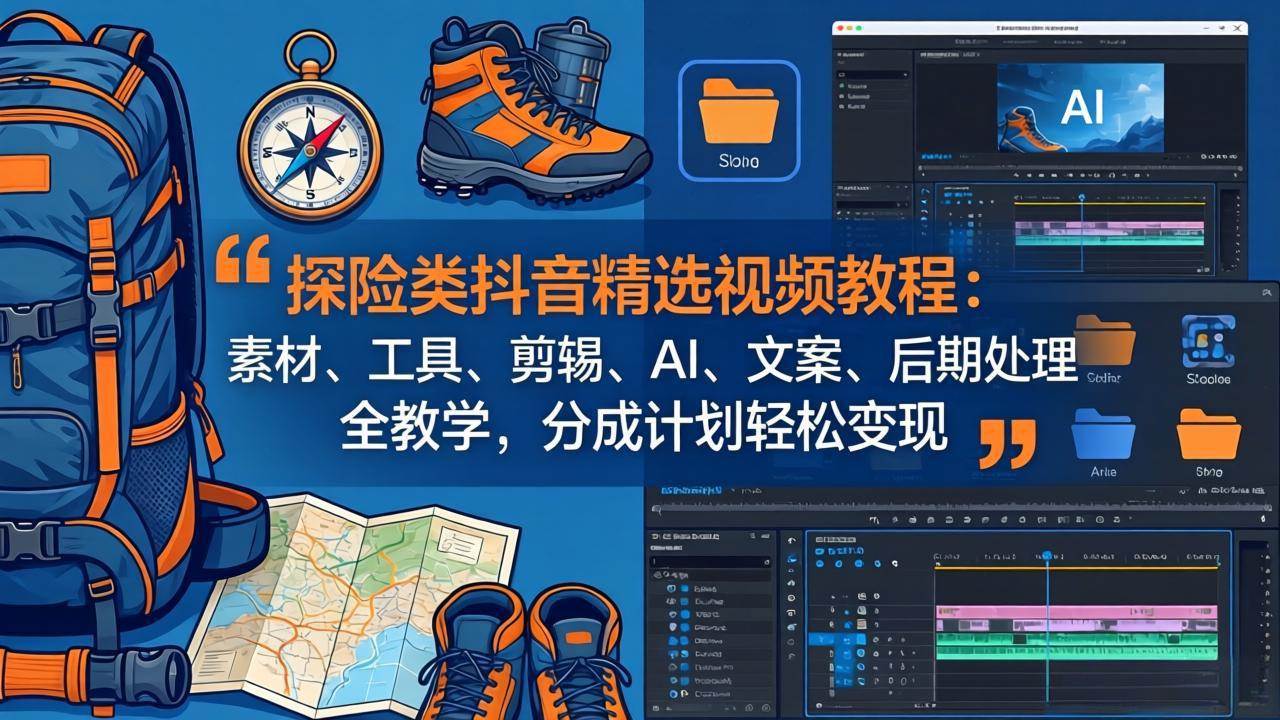 （17994期）探险类抖音精选视频教程：素材、工具、剪辑、AI、文案、后期处理全教学，分成计划轻松变现-八方网创