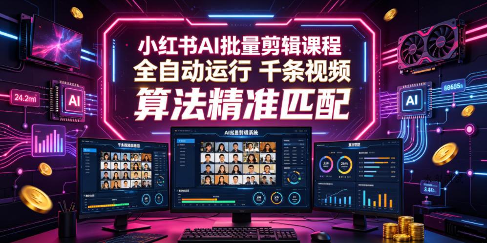 小红书AI批量剪辑课程，24小时全自动运行，解放双手专注运营，千条视频批量处理，小红书算法精准匹配-八方网创