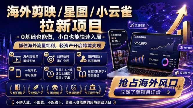 （18567期）海外剪映 / 星图 / 小云雀拉新项目 普通人也能上手的跨境流量变现副业-八方网创