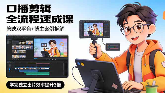 口播剪辑全流程速成课,剪映双平台+博主案例拆解,学完独立出片效率提升3倍-八方网创