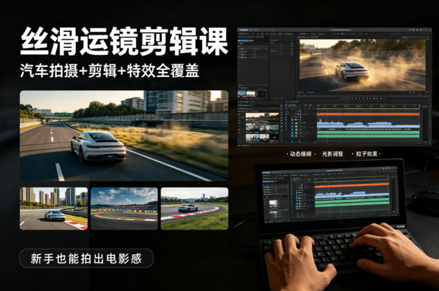 大叔丝滑运镜剪辑课，汽车拍摄+剪辑+特效全覆盖，新手也能拍出电影感-八方网创