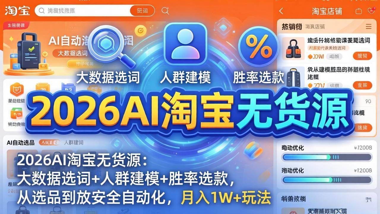 （17812期）2026AI淘宝无货源：大数据选词+人群建模+胜率选款，从选品到放大全自动化，月入1W+玩法-八方网创