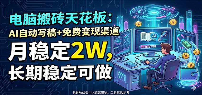 电脑搬砖天花板：AI自动写稿+免费变现渠道，月稳定2W，长期稳定可做-八方网创