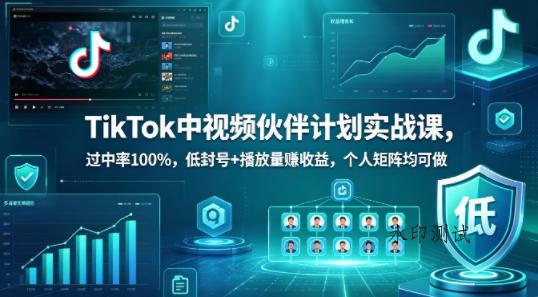 TikTok中视频伙伴计划实战课,过中率100%,低封号+播放量賺收益,个人矩阵均可做-八方网创