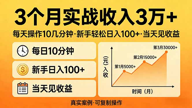3个月实战收入3万+，每天操作10几分钟，新手轻松日入100+，当天见收益-八方网创