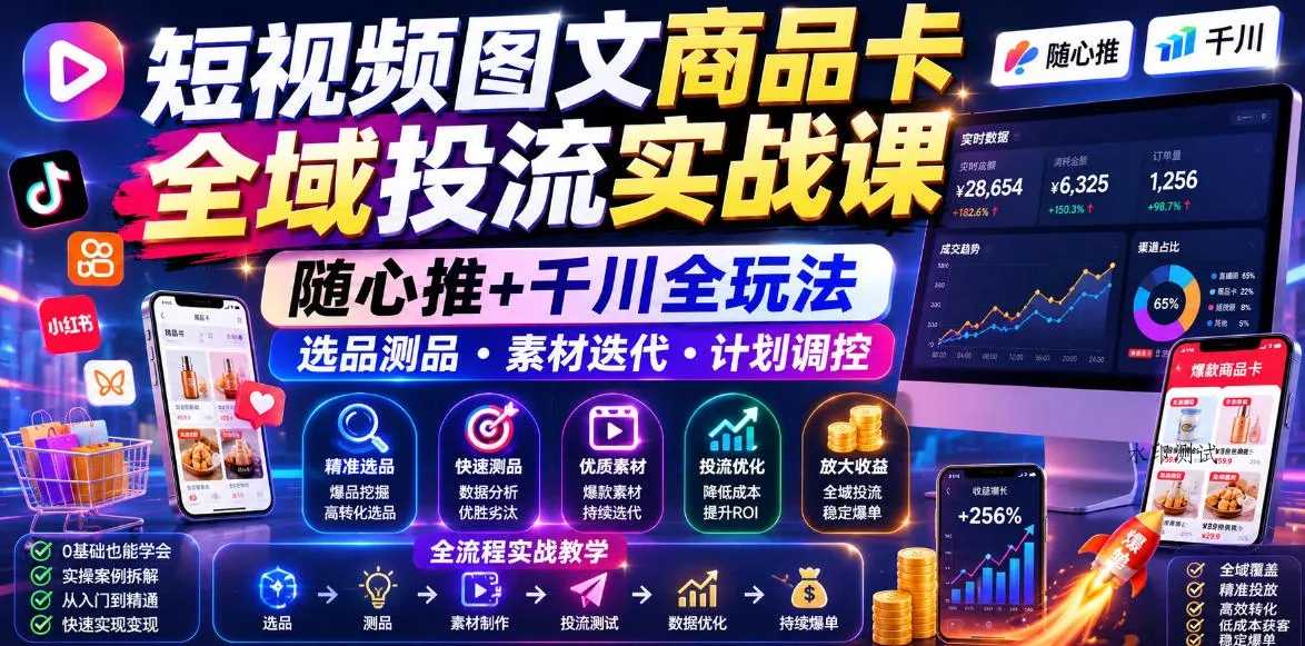 【精】短视频图文商品卡全域投流实战课,随心推+千川全玩法,选品测品・素材迭代・计划调控,提升ROI爆单增收教程-八方网创