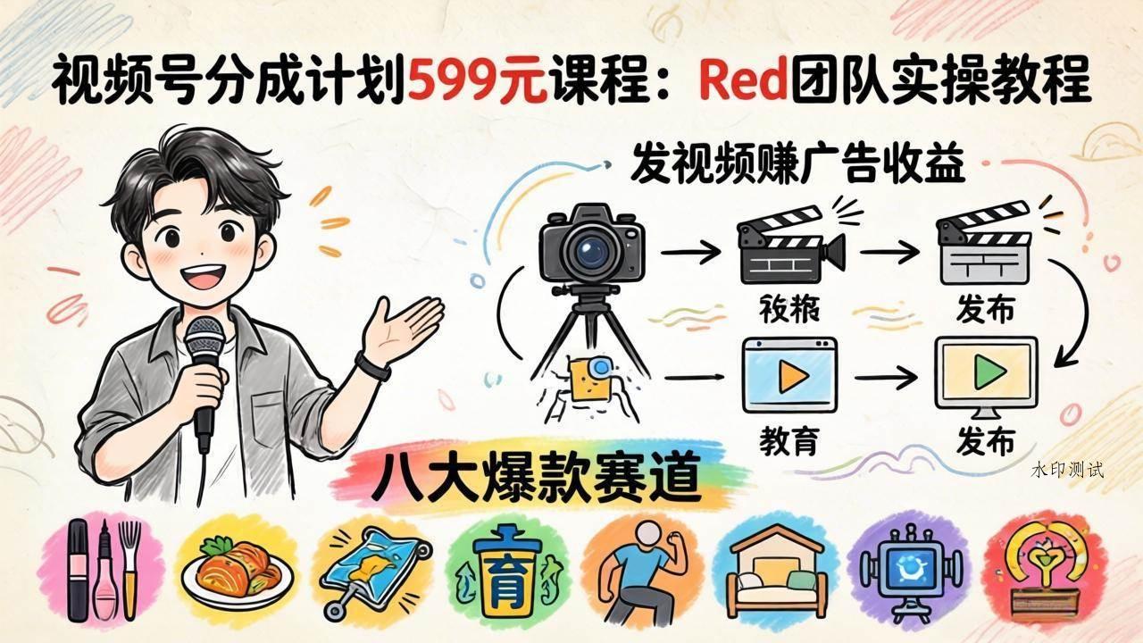 （18088期）视频号分成计划599元课程：Red团队实操教程，发视频赚广告收益，八大爆款赛道全掌握-八方网创