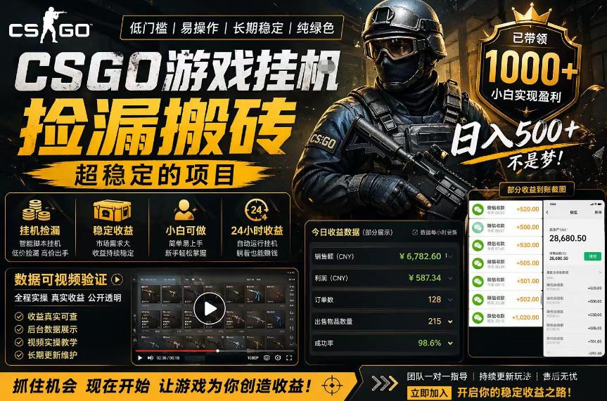 CSGO游戏搬砖,全自动挂G,不需要玩游戏,手机操作日入300+,解放双手【揭秘】-八方网创