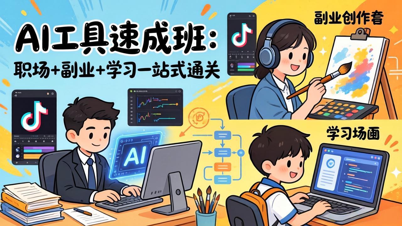 AI工具速成班：职场+副业+学习一站式通关，20+爆款类型+剪映技巧+抖音算法，0基础快速上手-八方网创