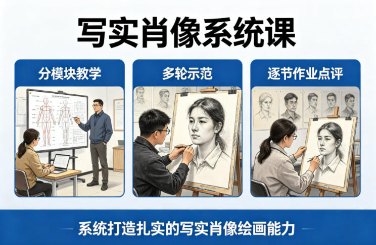 写实肖像系统课，全程分模块教学+多轮示范+逐节作业点评，系统打造扎实的写实肖像绘画能力-八方网创