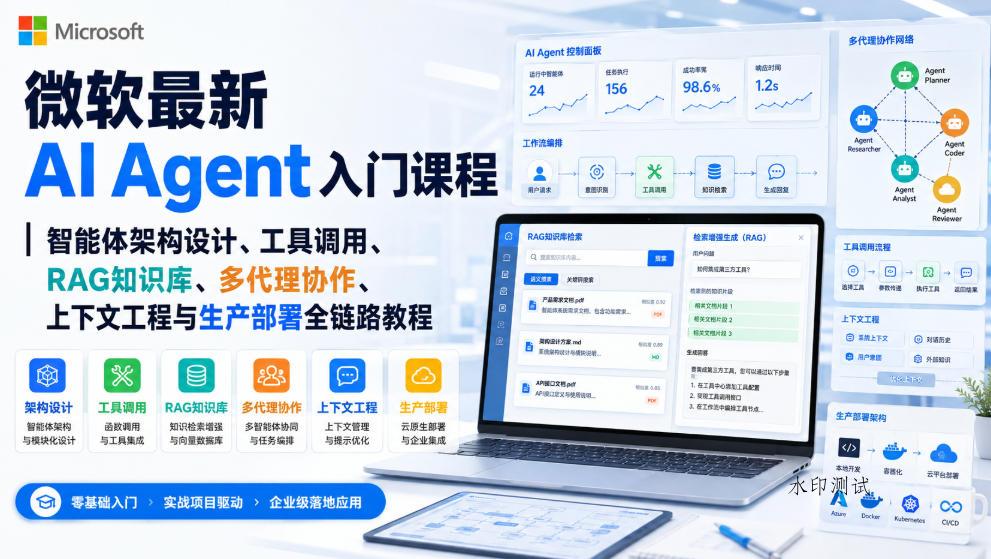 微软最新AI Agent入门课程|智能体架构设计、工具调用、RAG知识库、多代理协作、上下文工程与生产部署全链路教程【英文】-八方网创