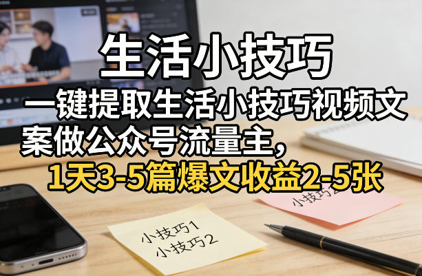 一键提取生活小技巧视频文案做公众号流量主，1天3-5篇爆文收益2-5张-八方网创