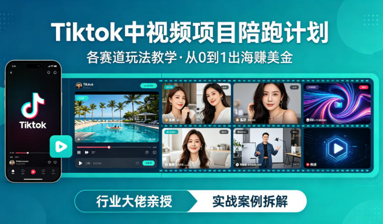 某大佬的Tiktok中视频项目陪跑，涵盖TK各个赛道玩法教学，从0到1出海賺美金-八方网创