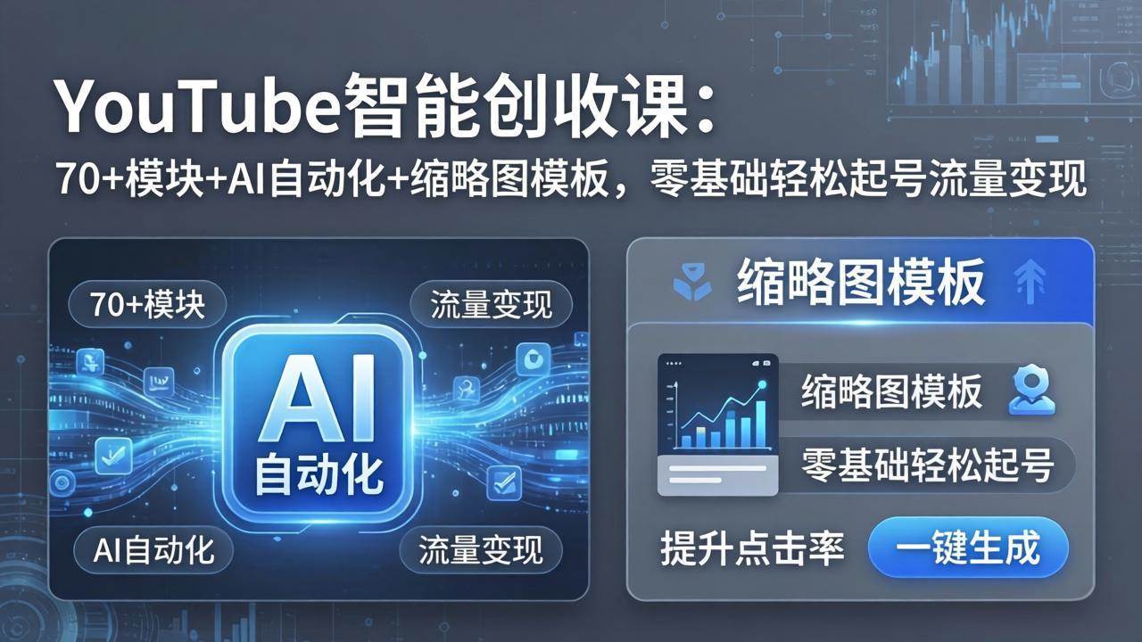 （17926期）YouTube智能创收课：70+模块+AI自动化+缩略图模板，零基础轻松起号流量变现-八方网创
