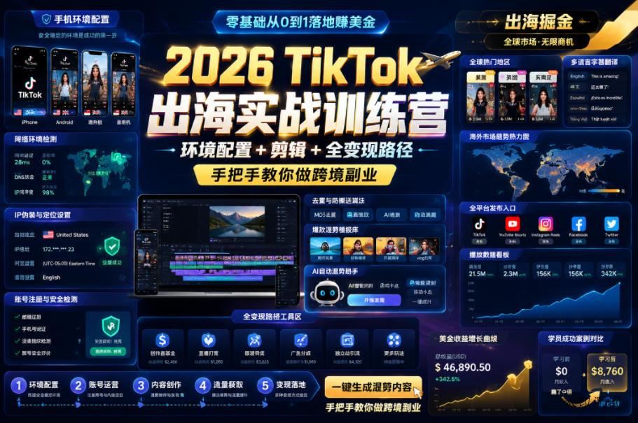 2026 TikTok出海实战训练营，环境配置 + 剪辑 + 全变现路径，手把手教你做跨境副业-八方网创