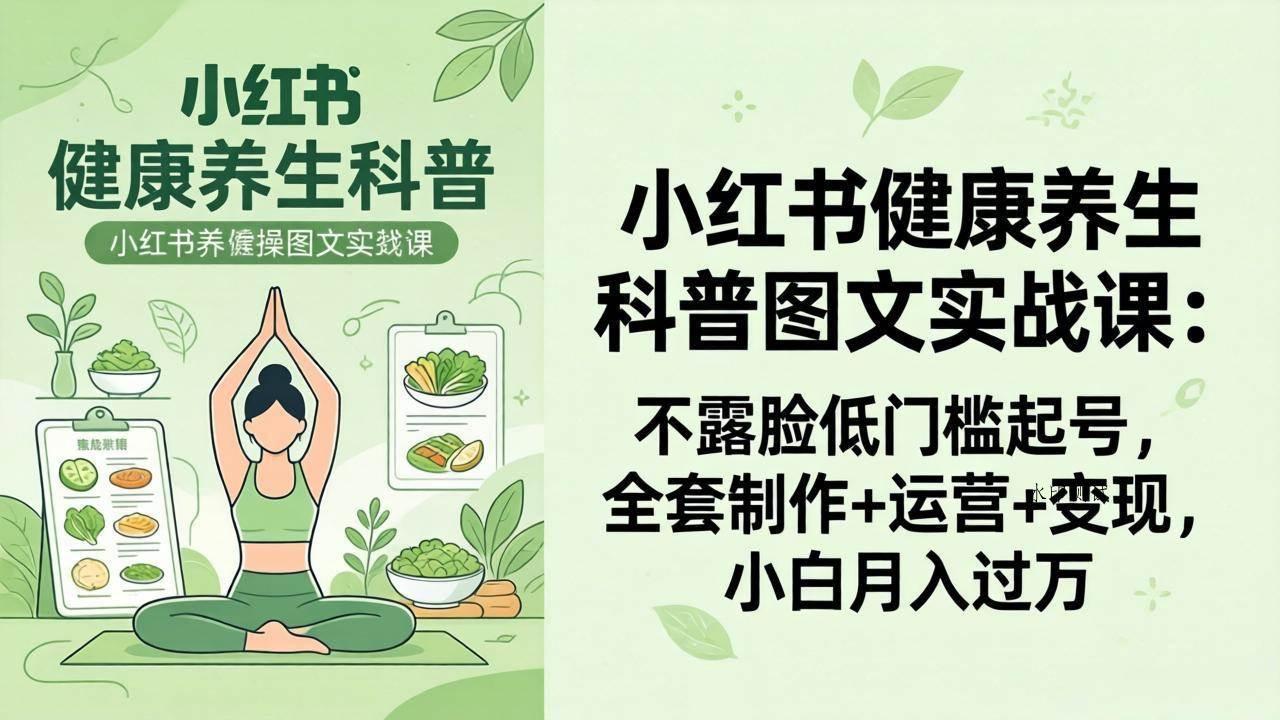 【精】2026小红书健康养生科普图文实战课：不露脸低门槛起号，全套制作+运营+变现，小白月入过万-八方网创