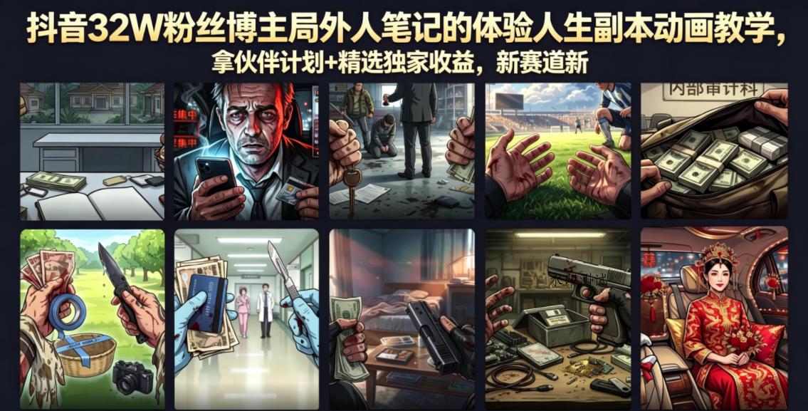 【精】抖音32W粉丝博主局外人笔记的体验人生副本动画教学,拿伙伴计划+精选独家收益,新赛道新涨粉快(录制版)-八方网创