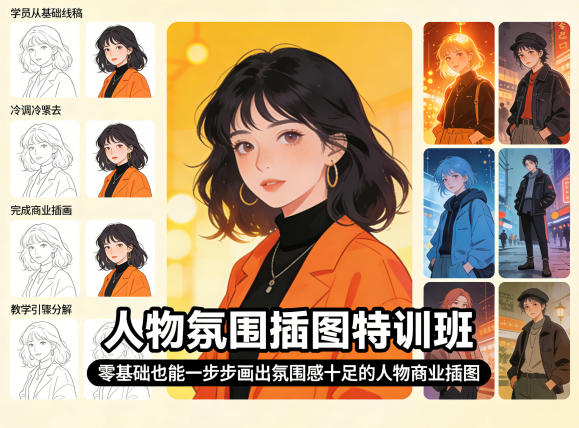 人物氛围插图特训班，零基础也能一步步画出氛围感十足的人物商业插图-八方网创