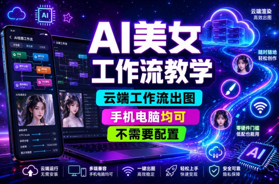 AI美女工作流教学，云端工作流出图，手机电脑均可，不需要配置，快速起号涨粉-八方网创