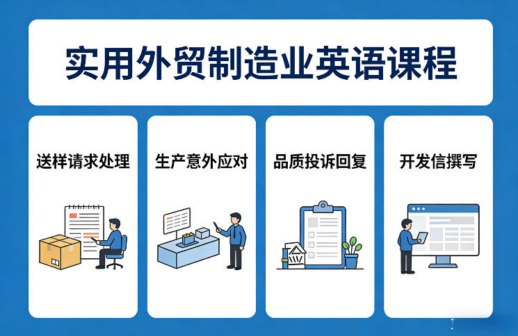 实用外贸制造业英语课程，教你专业处理送样请求、应对生产意外、回复品质投诉、撰写开发信等-八方网创