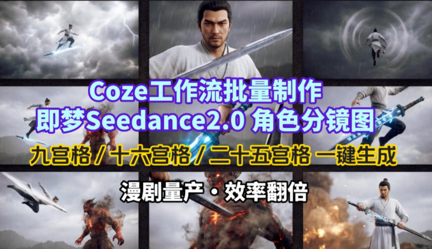 Coze工作流批量制作即梦Seedance2.0角色分镜图，九宫格-十六宫格-二十五宫格一键生成，漫剧量产，效率翻倍-八方网创